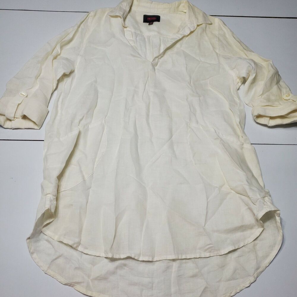 Forcynthia Womens L Pink Linen Tunic Top Cuffed Short Sleeve V-Neck Collared Top